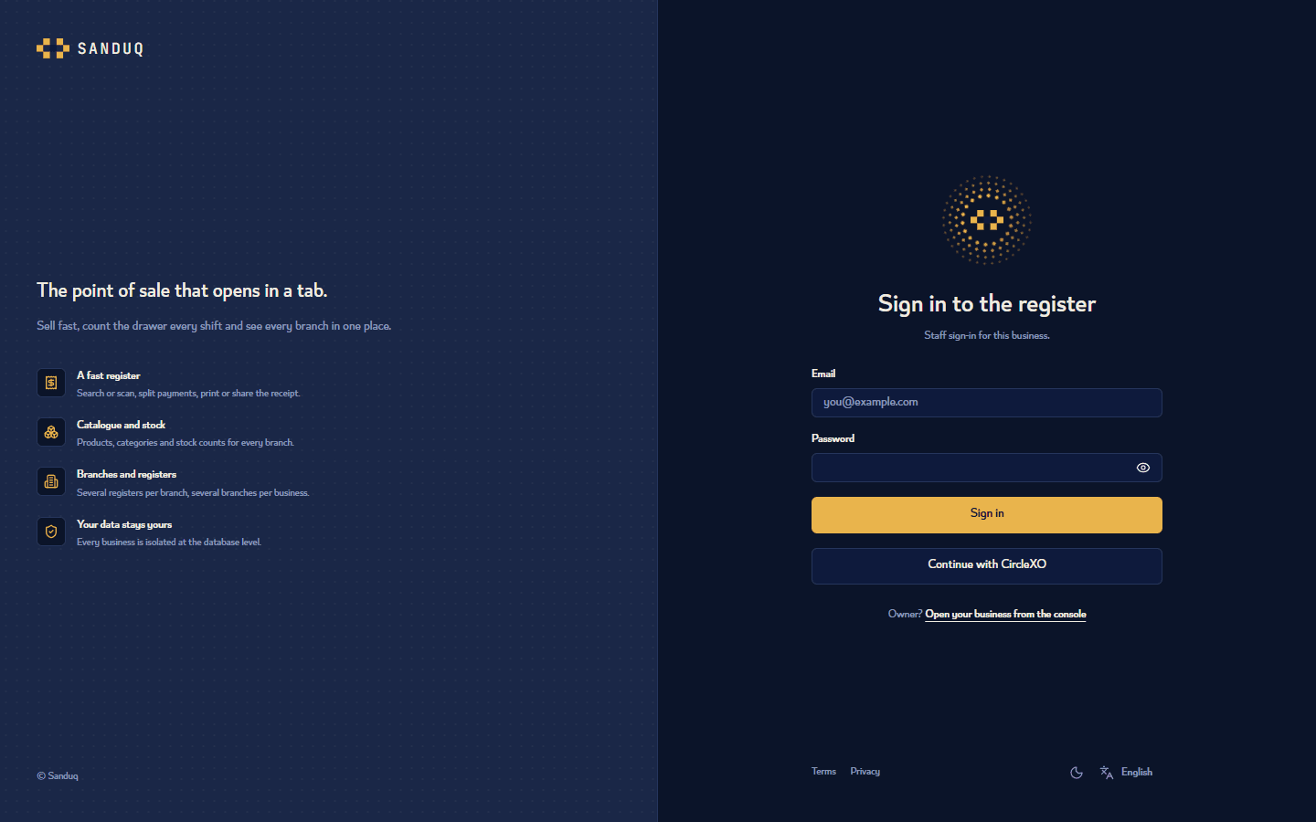 Sign-in screen: web point of sale